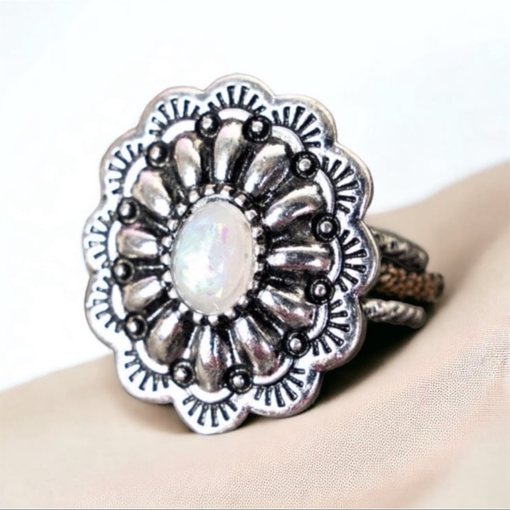 Sterling Silver Southwestern Concho Flower Statement Ring with Opal/Moonstone